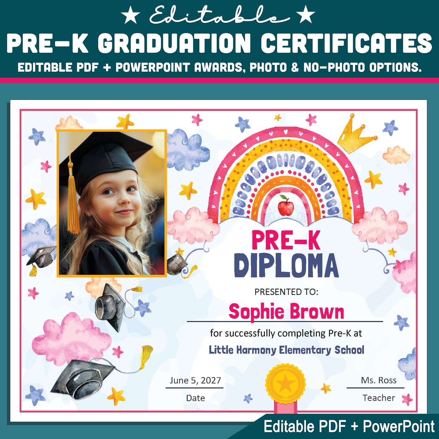 Pre-K Graduation Certificates, Watercolor Rainbow Awards for Moving Up Celebration, Editable Printable Pre-K Set with Photo or No Photo, PDF PowerPoint