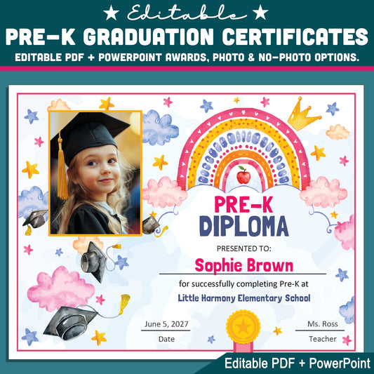 Pre-K Graduation Certificates, Watercolor Rainbow Awards for Moving Up Celebration, Editable Printable Pre-K Set with Photo or No Photo, PDF PowerPoint