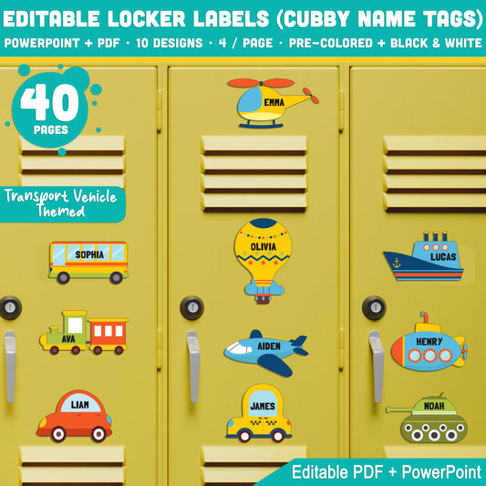 Editable Locker Labels (Cubby Name Tags), Fun Transport Vehicle Themed, Pre-Colored + Black & White, PDF + PowerPoint, for Teachers, Kids, and Back to School Craft