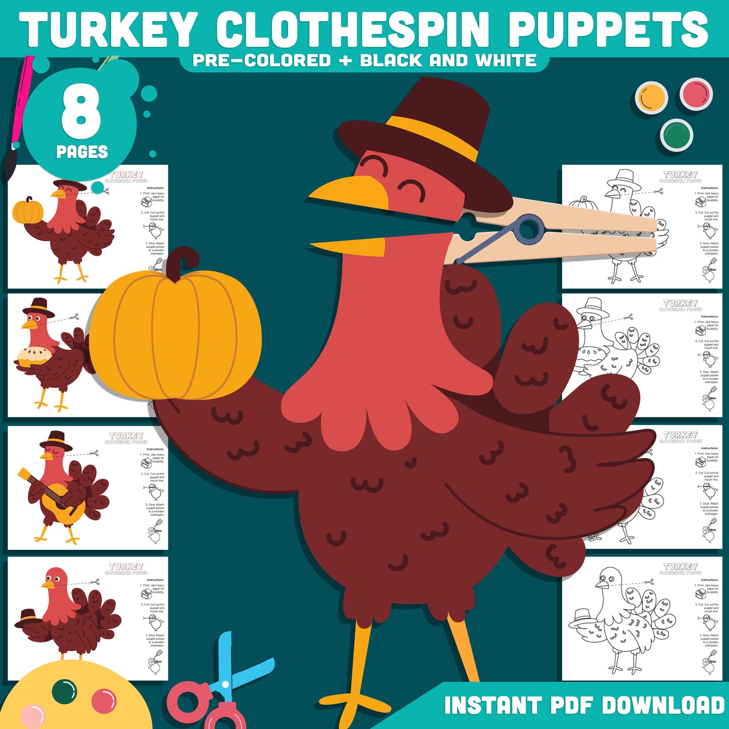 Turkey Clothespin Puppet Craft, Fall Turkey Craft, Thanksgiving Printable Fine Motor Activity, Instant PDF Download