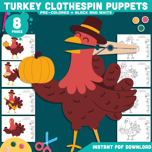 Turkey Clothespin Puppet Craft, Fall Turkey Craft, Thanksgiving Printable Fine Motor Activity, Instant PDF Download