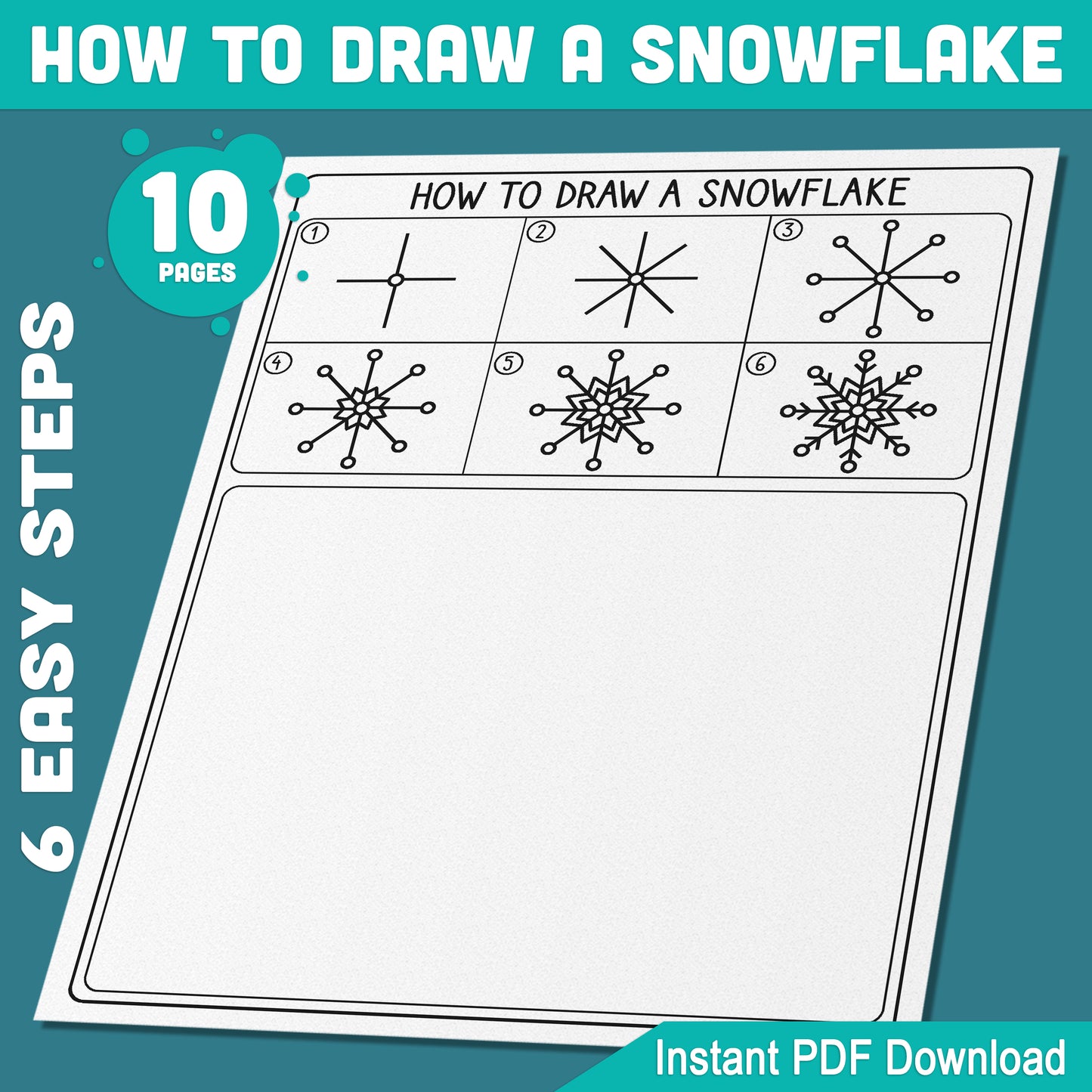 Snowflake Drawing Tutorial for Kids: 6-Step Guided Drawing with Fun Coloring Pages, Perfect for Winter Art, PDF Instant Download