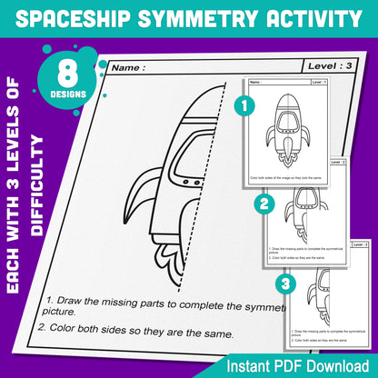 Rocket and Spaceship Symmetry Activity: 24 Pages of Fun Space-Themed Exercises with 8 Cool Designs in 3 Difficulty Levels, Perfect for STEM Learning & Art Time