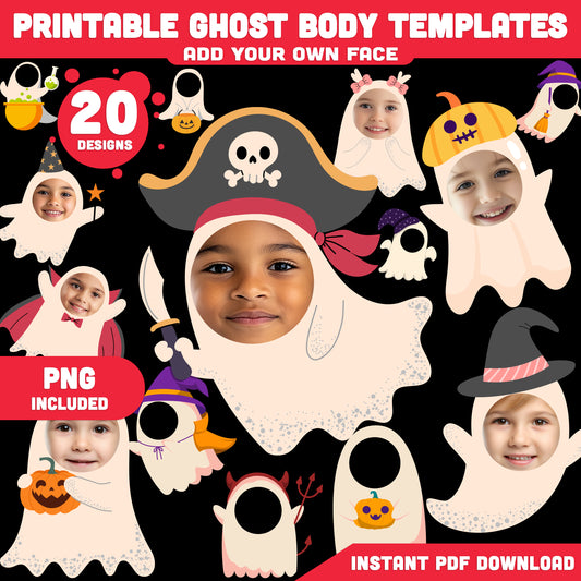Printable Ghost Body Templates for Kids, 20 Unique Designs, 8.5x11, PNG Files Included, Cute DIY Face Craft for School Projects, Homeschool & Play