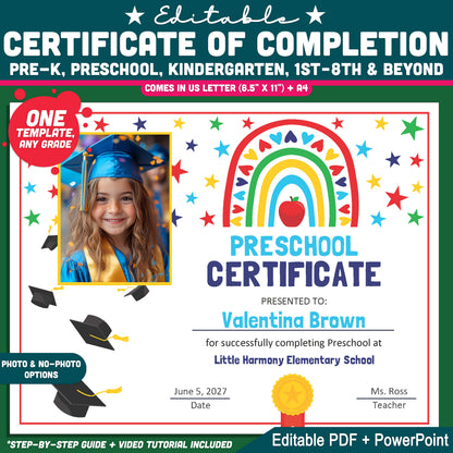 Editable Certificate of Completion, Printable Rainbow Student Awards, Photo and No-Photo Options, PDF and PowerPoint