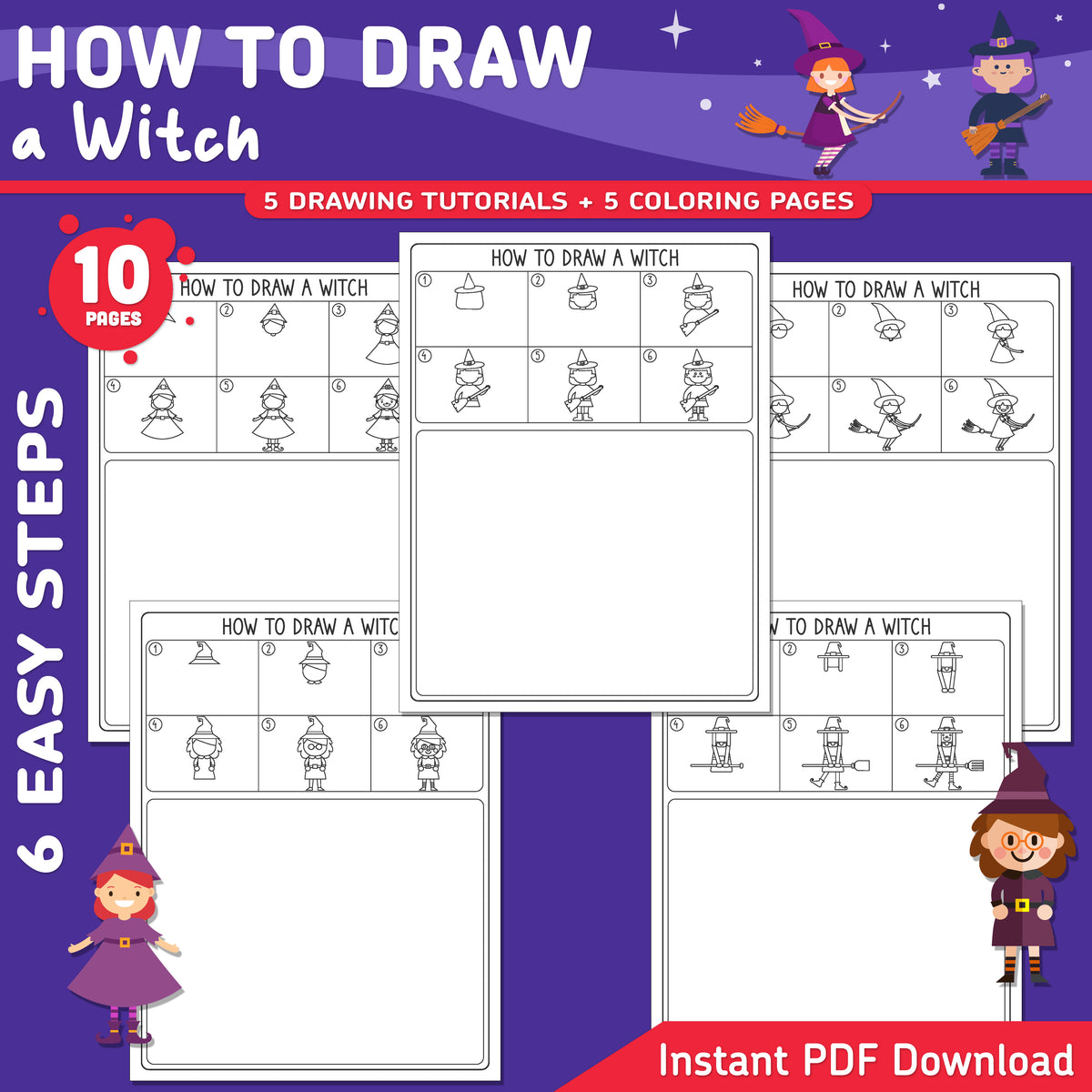 How to Draw a Witch, Halloween Directed Drawing Activity, Step by Step Halloween Art for Kids, Printable Drawing Pages, Coloring Pages, PDF Download