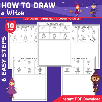 How to Draw a Witch, Halloween Directed Drawing Activity, Step by Step Halloween Art for Kids, Printable Drawing Pages, Coloring Pages, PDF Download