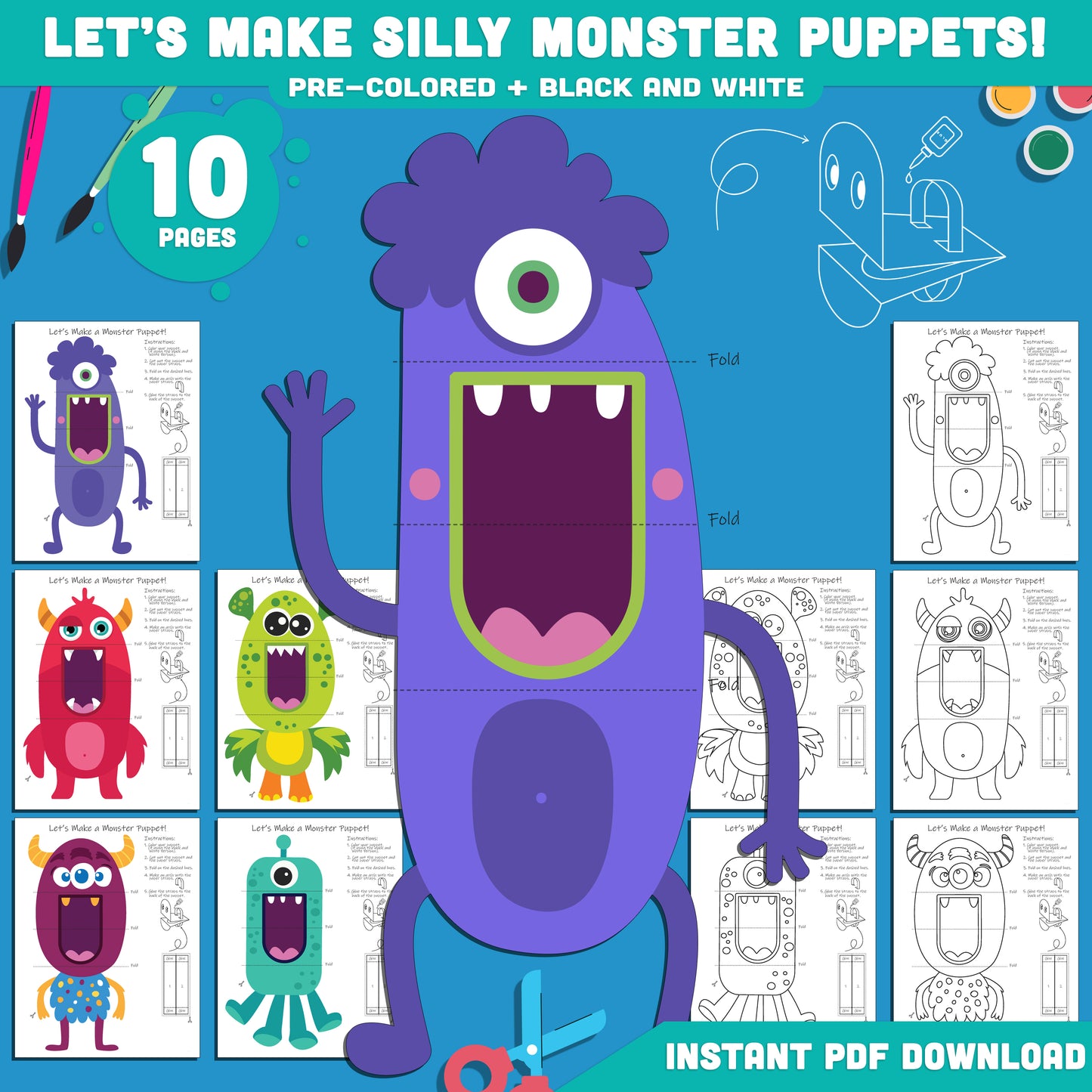 DIY Monster Paper Puppet Craft for Kids: 5 Pre-Colored + 5 Black and White Pages, Fun Halloween Craft for Classrooms, Parties & Home, Instant PDF