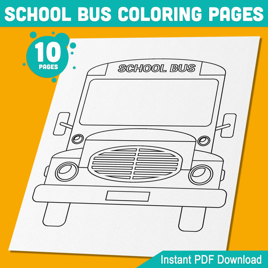 School Bus Coloring Pages, 10 Big Bus Designs in Black & White, Perfect for Kids' Back to School Fun, 8.5x11", PDF Instant Download