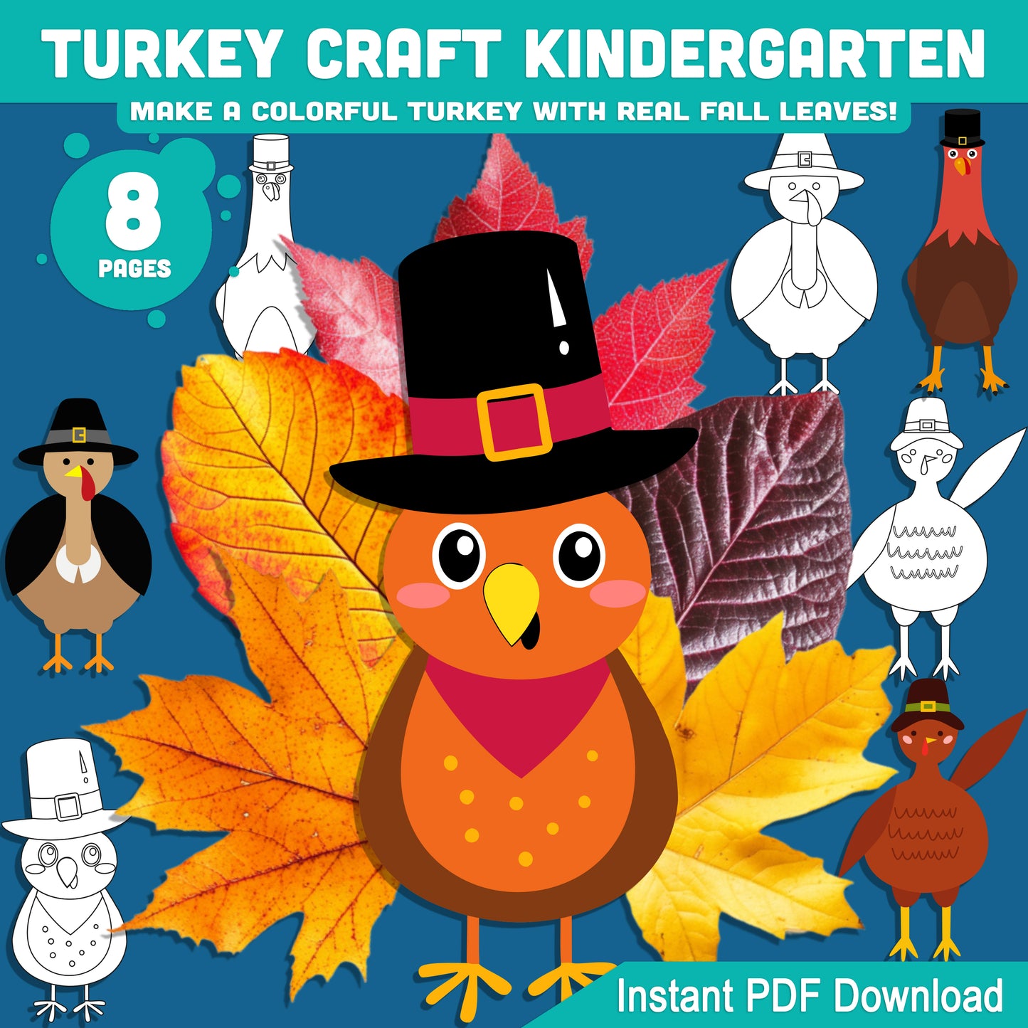Let’s Make a Colorful Turkey with Real Fall Leaves! Turkey Craft Kindergarten Printable, Thanksgiving Leaf Craft for Kids, 4 Designs, PDF Instant Download