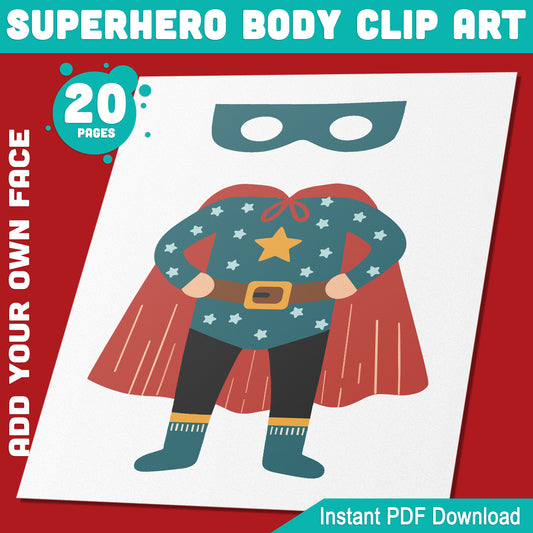 Superhero Body Cutout Clip Art: Add Your Own Face for a Customizable, Fun Activity – 20 Designs, Perfect for Kids’ Crafts & Parties, Instant PDF Download