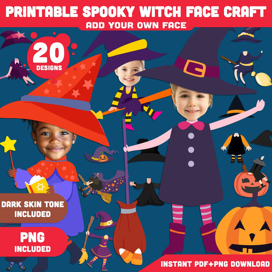 Printable Halloween Witch Add Your Own Face Crafts, 20 Creative Templates – Dark Skin Tone, PDF + PNG Included, Fun Halloween Classroom Activity