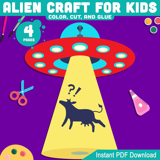 Alien Craft for Kids: Fun Printable Templates for Space-Themed Cut and Glue Activity, 4 Pages with Pre-Colored + Black & White