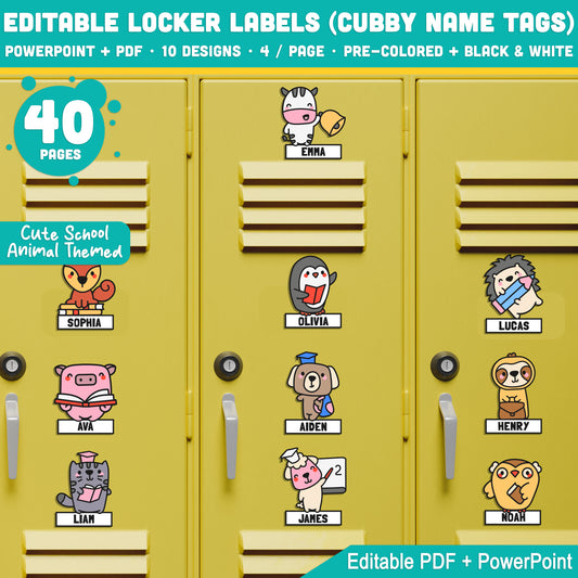 Editable School Animal Name Tags, Cute Locker Labels for Kids, 40 Pages, PDF + PowerPoint, Instant Download