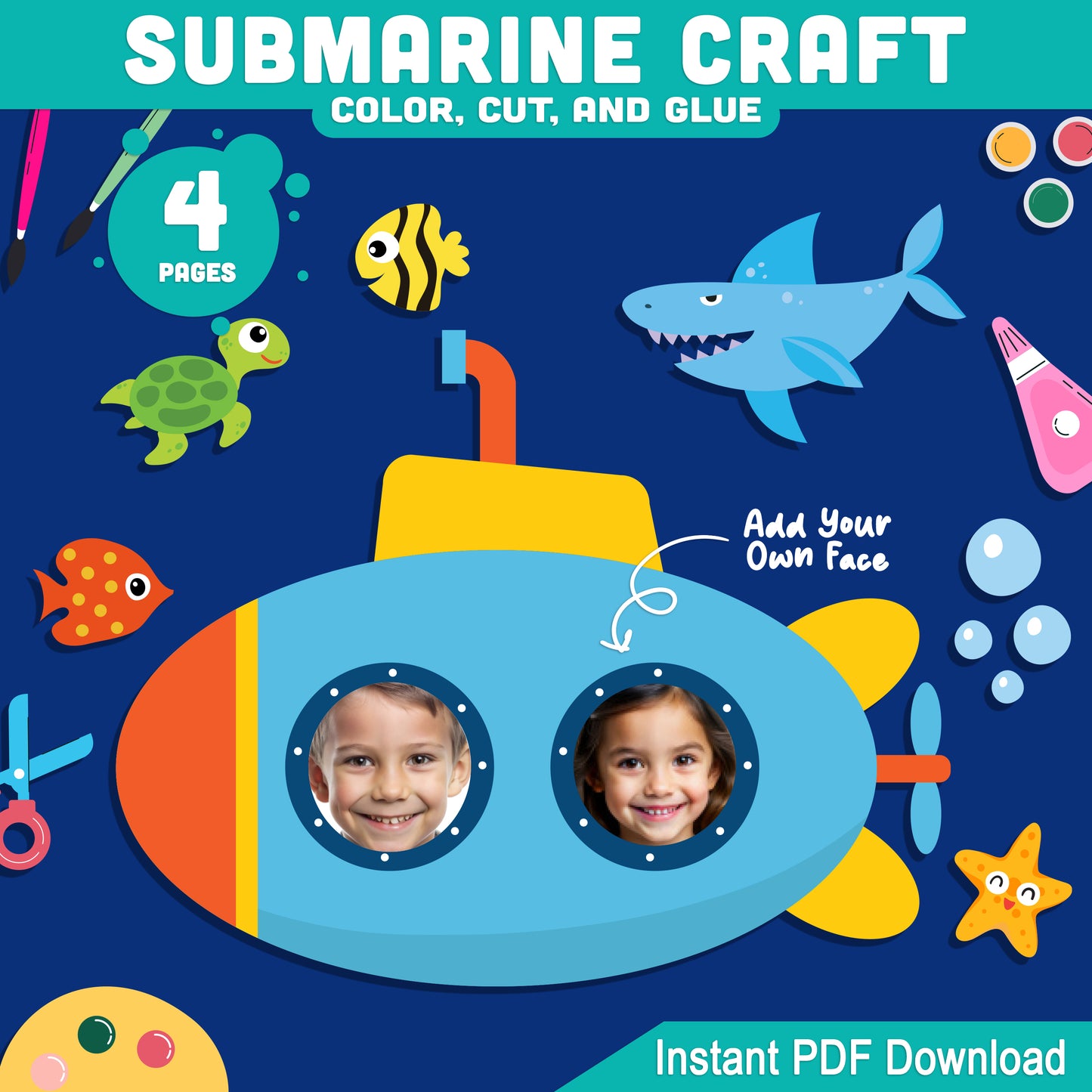 Under the Sea Submarine Photo Craft, Summer Printable Activity, Ocean-Themed Cut and Glue Project, Classroom Decor, Full Color and Outline Set