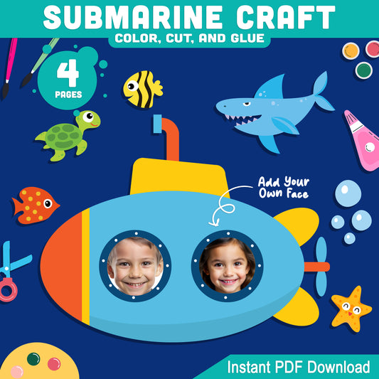 Under the Sea Submarine Photo Craft, Summer Printable Activity, Ocean-Themed Cut and Glue Project, Classroom Decor, Full Color and Outline Set