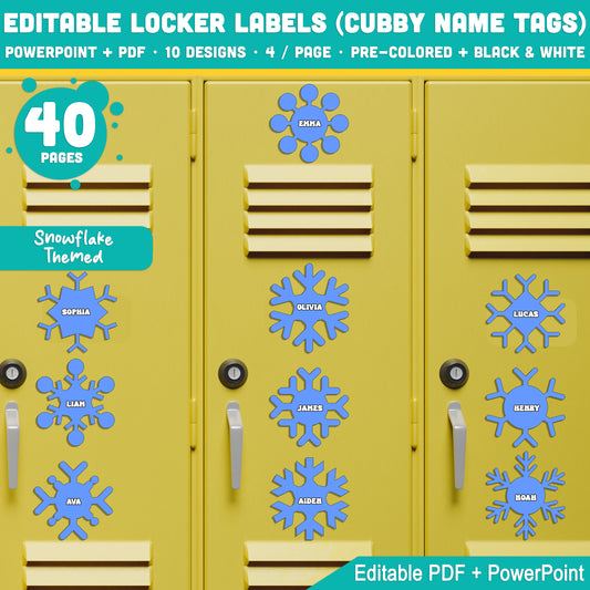 Editable Locker Labels (Cubby Name Tags), Snowflake Themed, Pre-Colored + Black & White, 40 Pages, PDF + PowerPoint, Instant Download, Holiday Classroom and Back to School Craft
