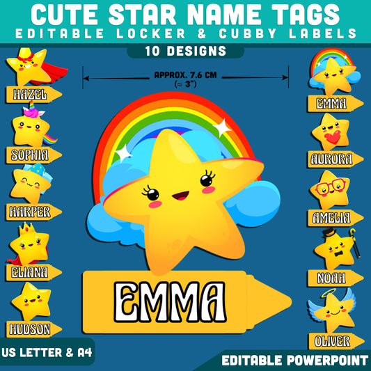Cute Star Name Tags, Editable Locker & Cubby Labels, Whimsical Student Organization, PowerPoint Template, 10 Designs, Classroom Decor, US Letter, A4