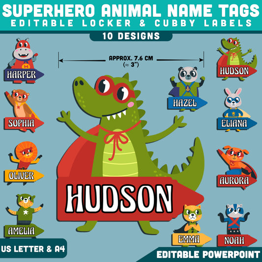 Superhero Animal Name Tags, Editable Locker & Cubby Labels, Colorful Classroom Adventure, PowerPoint Template, 10 Designs, US Letter, A4