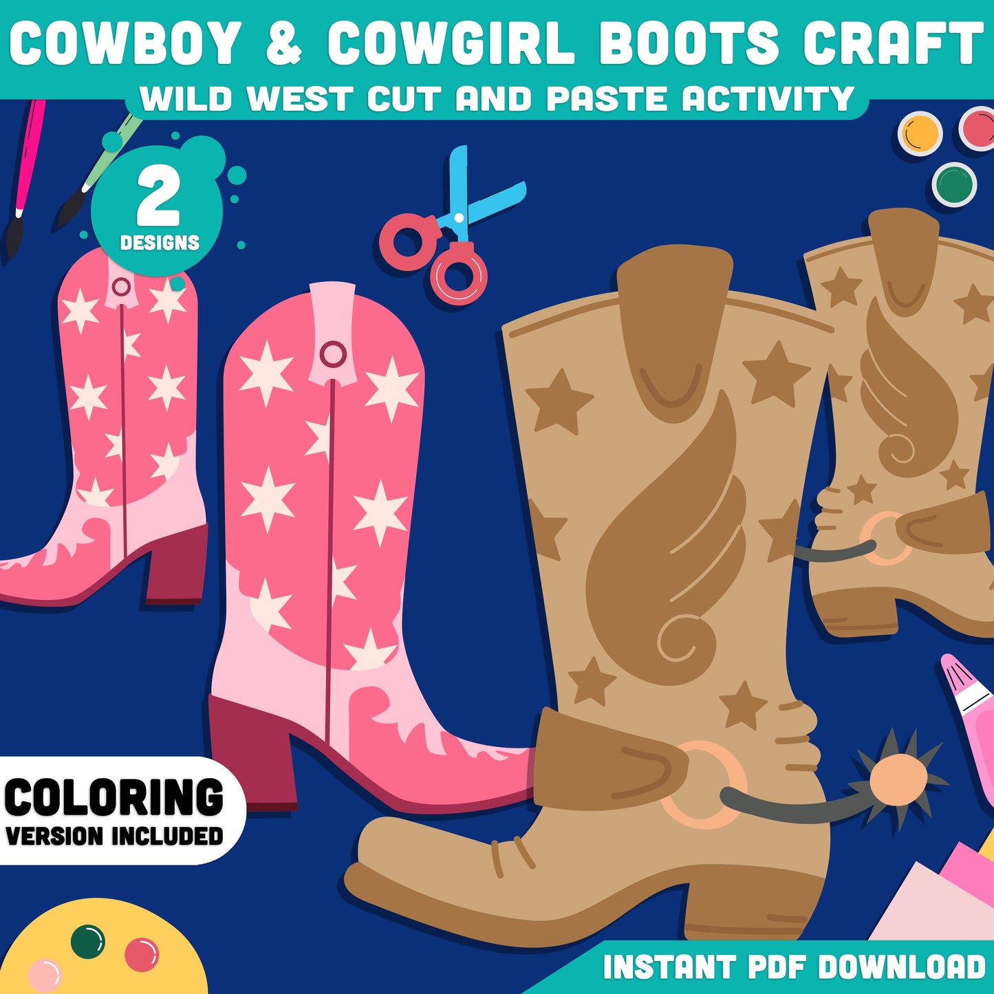 Cowboy & Cowgirl Boots Craft, Wild West Activity, Western Cut and Paste Craft, Summer Printable, Back to School Classroom Activity PDF