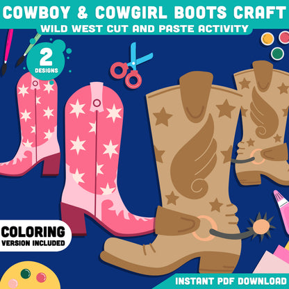 Cowboy & Cowgirl Boots Craft, Wild West Activity, Western Cut and Paste Craft, Summer Printable, Back to School Classroom Activity PDF