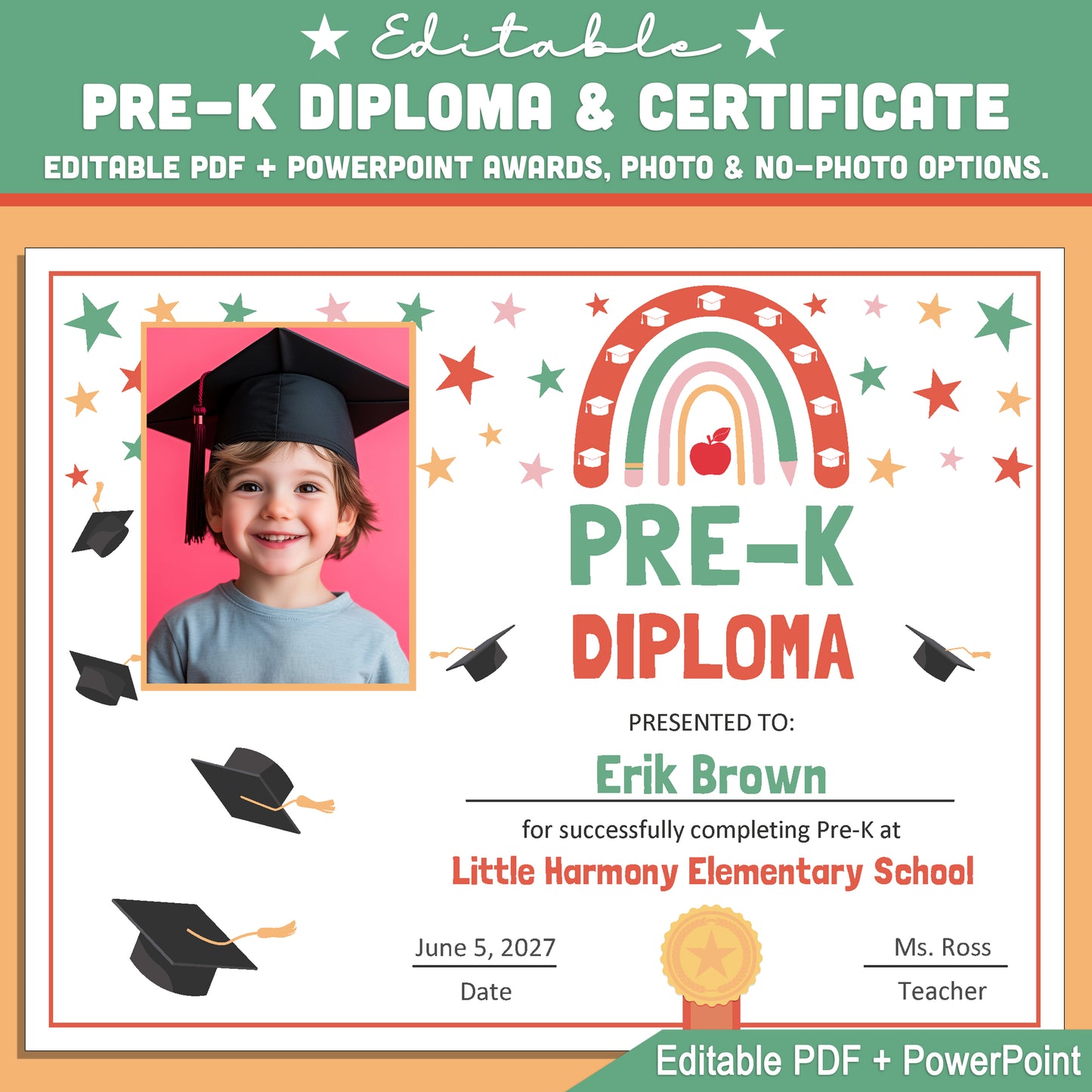 Editable Pre-K Graduation Diploma & Certificate Set, Retro Rainbow Stars Theme, Printable Awards, Photo or No-Photo Options, PDF, PowerPoint