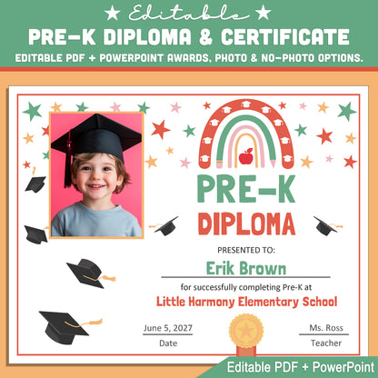 Editable Pre-K Graduation Diploma & Certificate Set, Retro Rainbow Stars Theme, Printable Awards, Photo or No-Photo Options, PDF, PowerPoint
