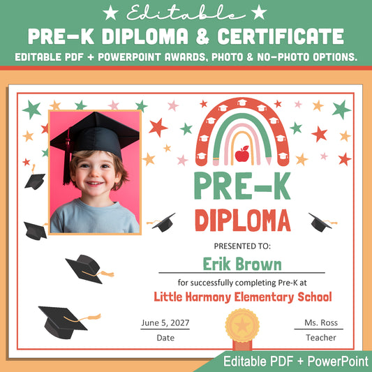 Editable Pre-K Graduation Diploma & Certificate Set, Retro Rainbow Stars Theme, Printable Awards, Photo or No-Photo Options, PDF, PowerPoint