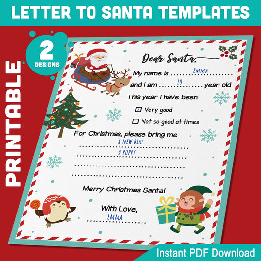 Write a Letter to Santa Printable Template: 2 Creative Fill-in-the-Blank Designs for Kids, 8.5x11 Inch, Easy to Print and Use, PDF Download!