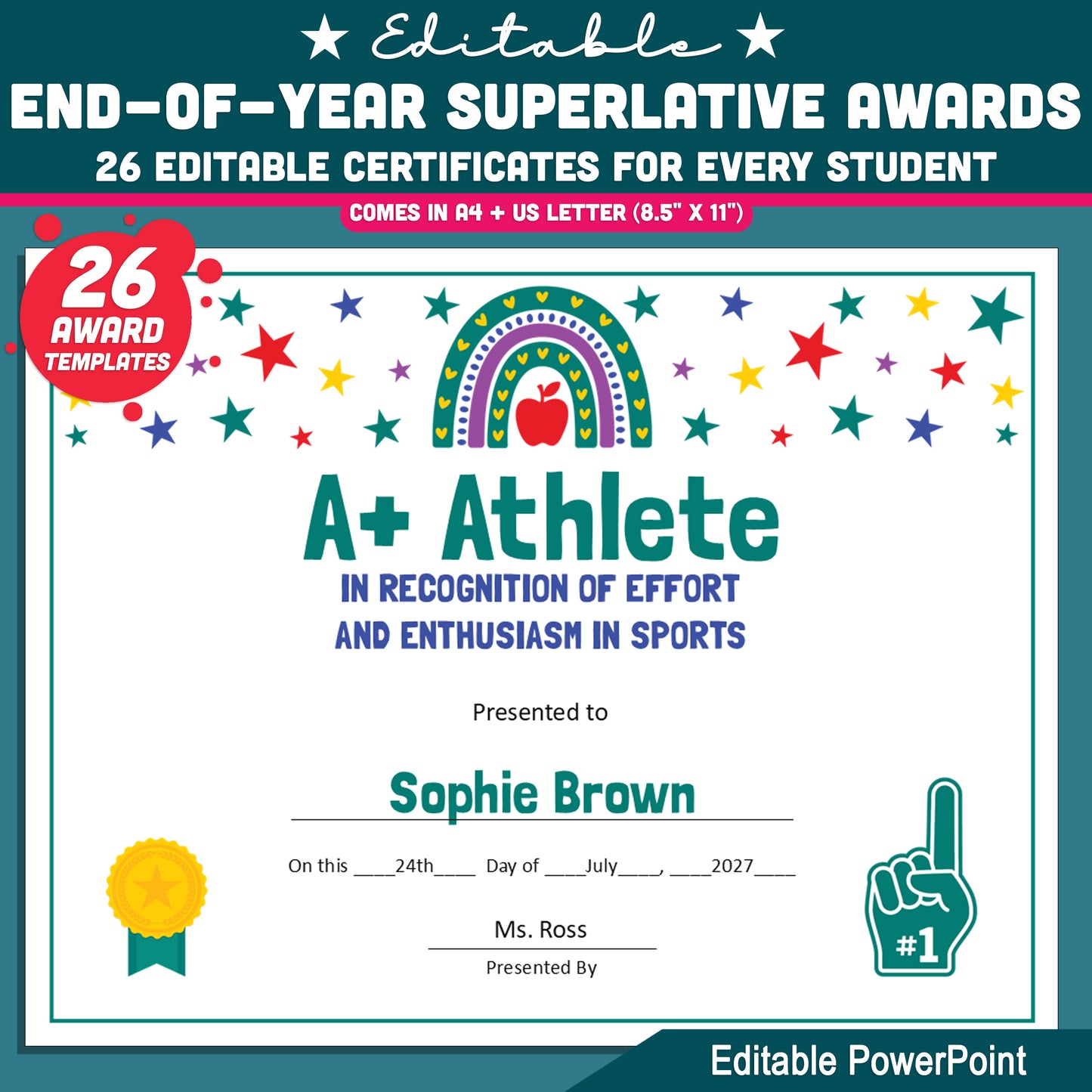 Editable End-of-Year Superlative Awards, Personalized Classroom Honors, Rainbow and Star Themed Certificates, PowerPoint
