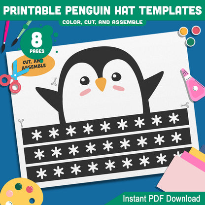 Printable Penguin Crown Craft Templates: 4 Winter-Themed Designs for Kids to Color, Cut, and Assemble, Includes Black & White, Instant Download.