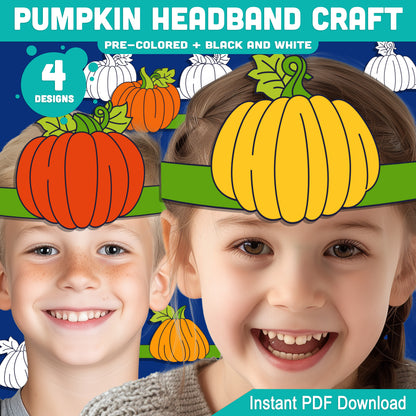 Pumpkin Headband Craft, Printable Autumn Crown, Paper Hat Activity, Pre-Colored & Black and White, Fall Craft for Kids, 4 Designs, A4, US Letter