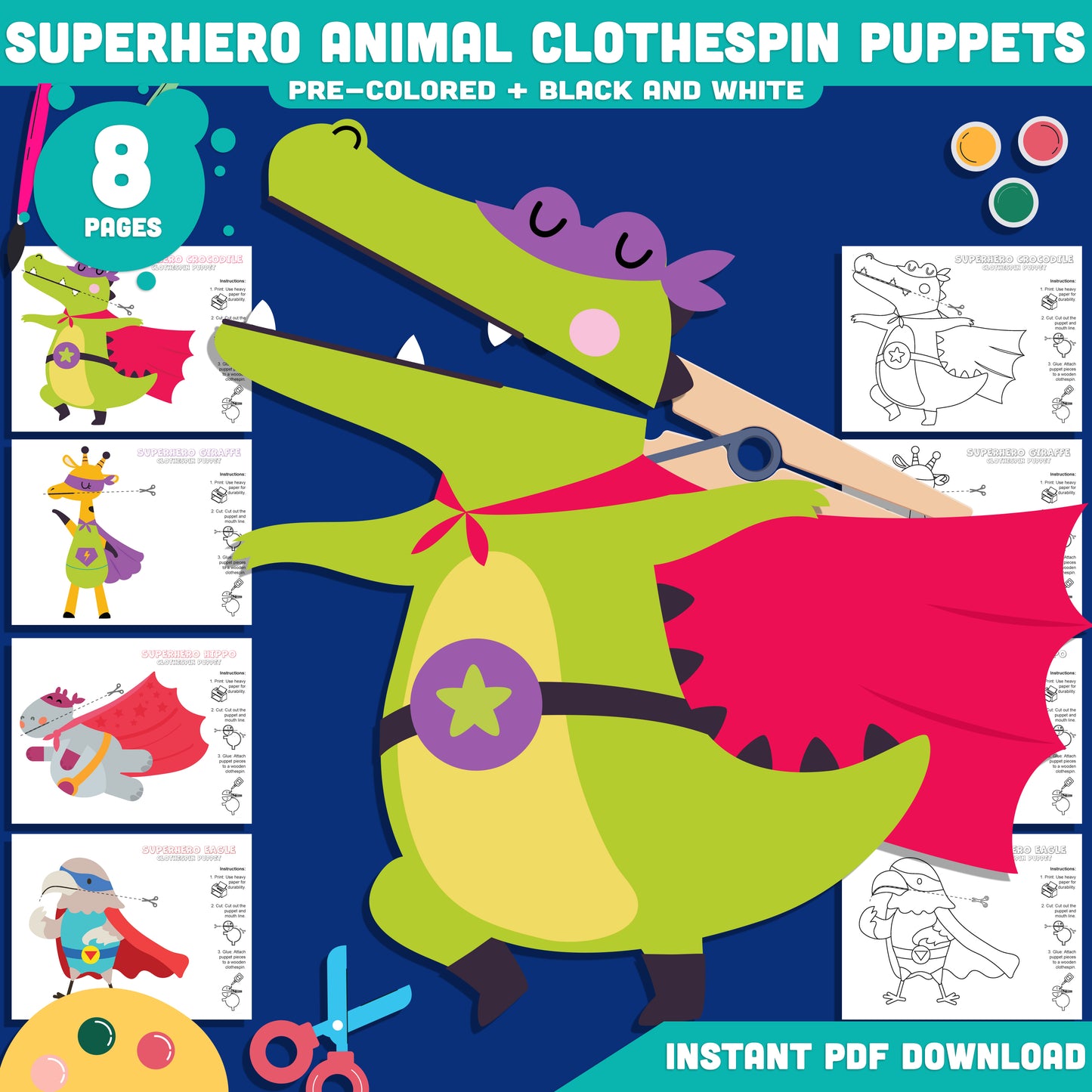 Superhero Animal Clothespin Puppets, Color Cut and Create Animal Heroes, Printable Puppet Craft for Kids PDF