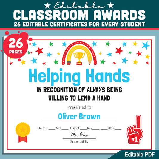 Editable Classroom Awards, Printable Certificates Bundle, 26 Student Recognition Designs, Classroom Celebration Pack, Teacher Friendly Resource