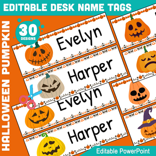 Halloween Pumpkin Name Tags: Editable Classroom Labels, Desk Tags & Bulletin Board, 30 Designs, 8.5"x11", 2/Page