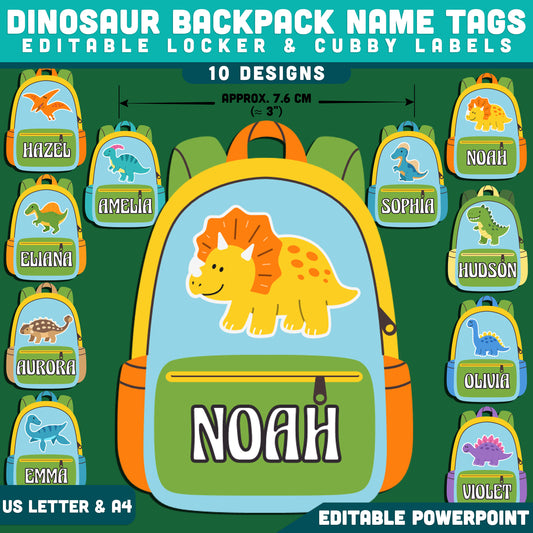 Dinosaur Backpack Name Tags, Editable Locker & Cubby Labels, Prehistoric Classroom Decor, PowerPoint Template, 10 Designs, Student Spaces, US Letter