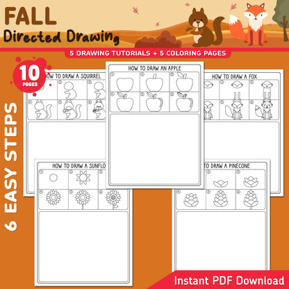 Fall Directed Drawing for Kids, Learn to Draw an Apple, Sunflower, Squirrel, Fox & Pinecone, 6-Step Art Activity, 5 Coloring Pages, A4, US Letter
