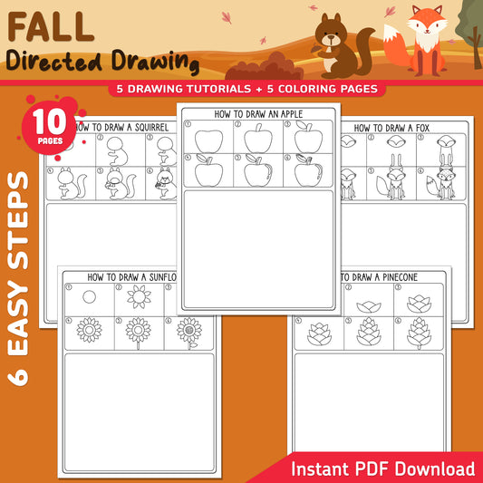 Fall Directed Drawing for Kids, Learn to Draw an Apple, Sunflower, Squirrel, Fox & Pinecone, 6-Step Art Activity, 5 Coloring Pages, A4, US Letter