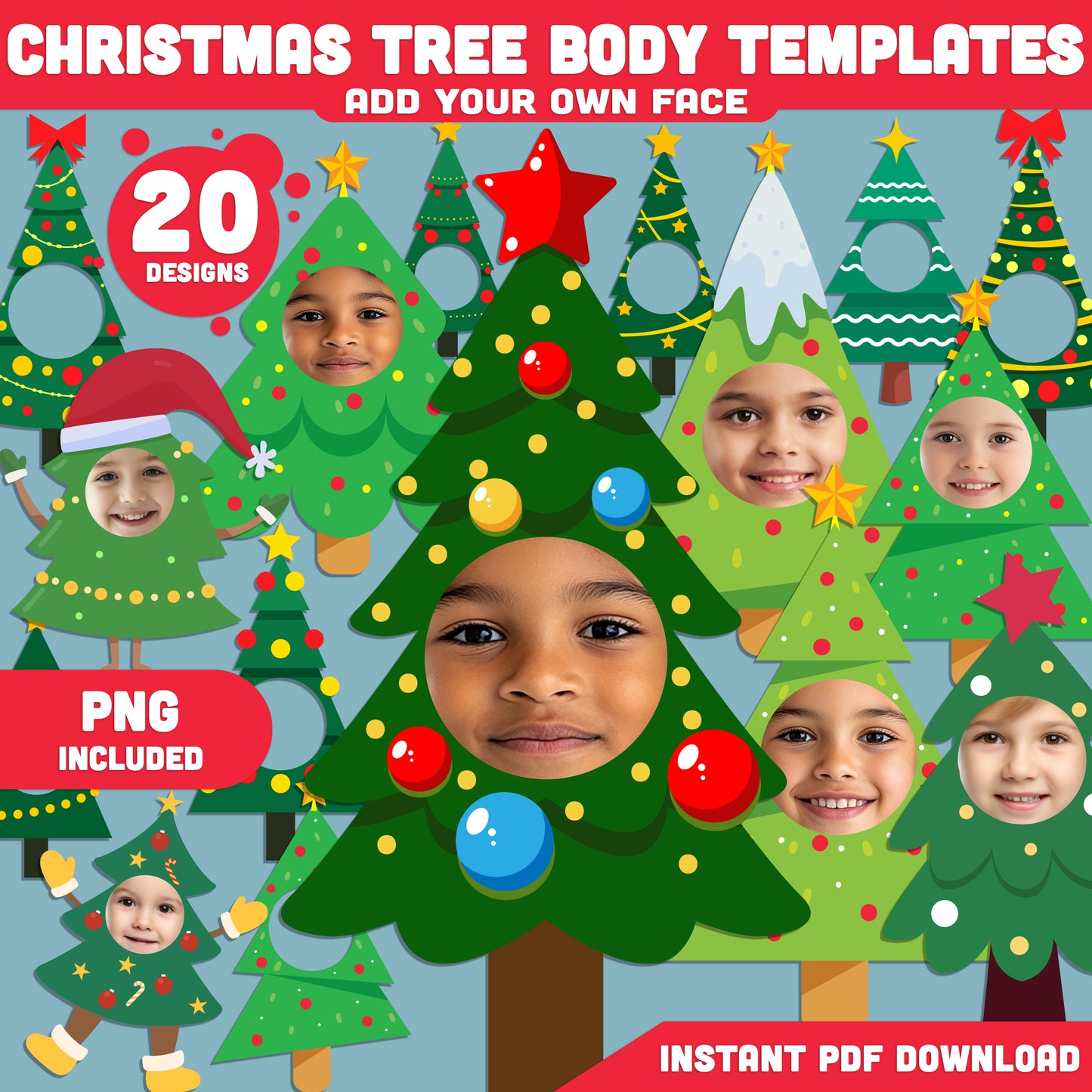 Printable Christmas Tree Body Templates for Kids, 20 Fun Designs, High-Resolution PDF + PNG, Add Your Own Face Craft, Great for Classroom or Home