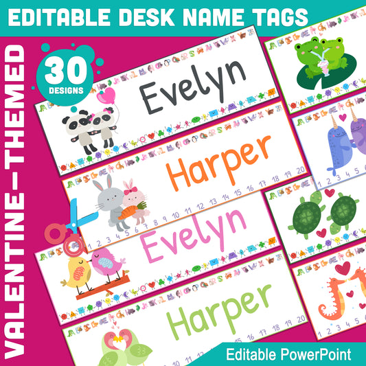 Classroom Valentine Name Tags: 30 Editable Designs for Students, Alphabet, Shapes, Numbers 1-20, 2 Tags Per Page, PowerPoint Template