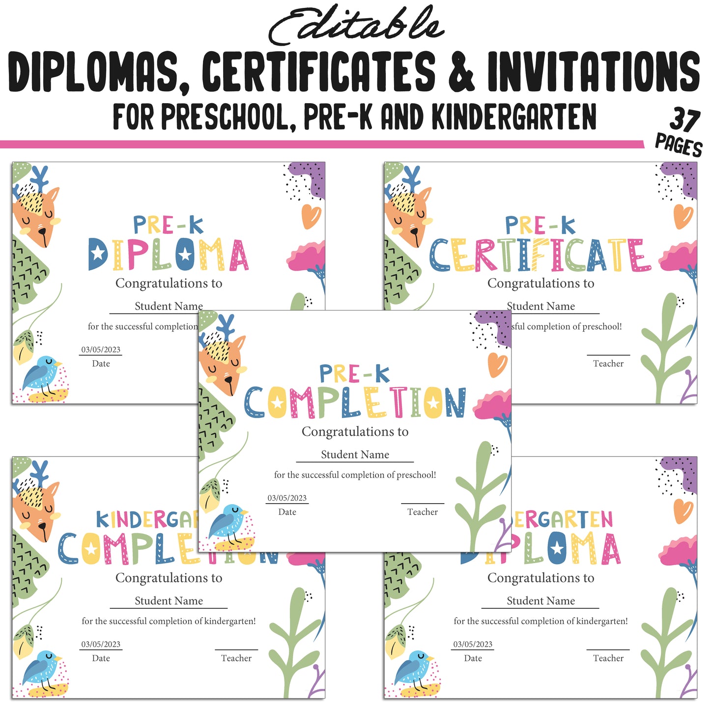 Preschool, Pre K, Kindergarten Graduation Certificates, Diplomas & Invitations, 37 Customizable PDF Pages, Instant Download