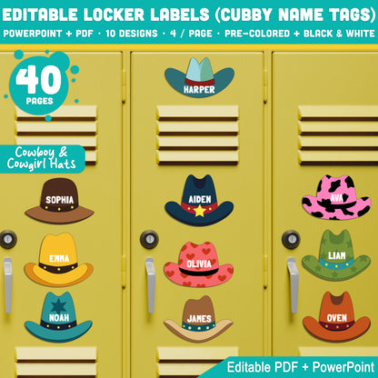 Cowboy & Cowgirl Hats Themed Cubby and Locker Name Tags – Editable, 40 Pages, PDF + PowerPoint, Back to School Printable