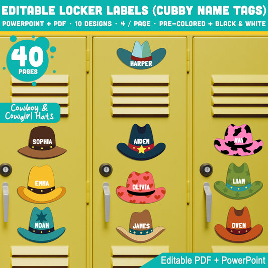 Cowboy & Cowgirl Hats Themed Cubby and Locker Name Tags – Editable, 40 Pages, PDF + PowerPoint, Back to School Printable