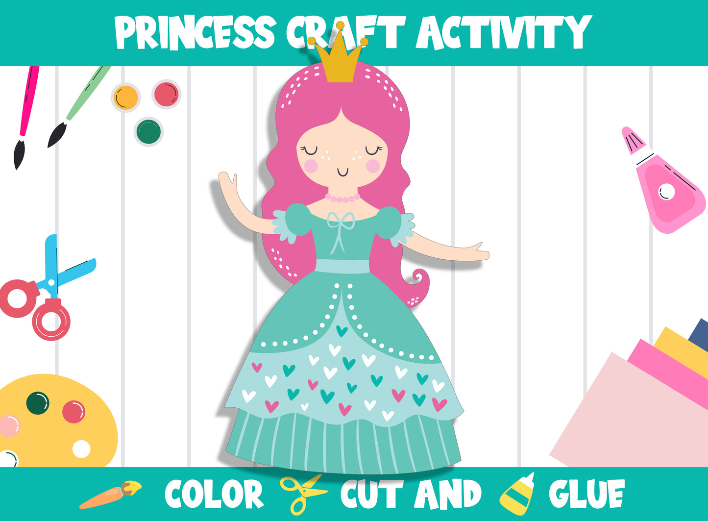 Princess Craft Activity : Color, Cut, and Glue for PreK to 2nd Grade, PDF File, Instant Download