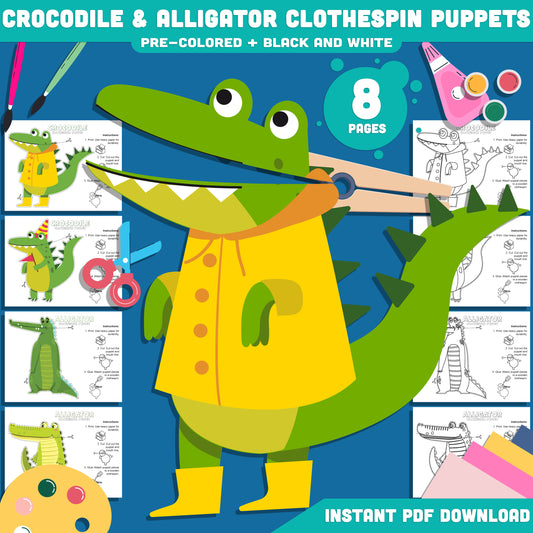 Printable Crocodile & Alligator Clothespin Puppets for Kids, 8 Fun Pages, DIY Reptile Craft, Dramatic Play Activity, Instant PDF Digital File