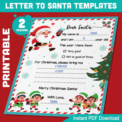 Personalized Letters to Santa: 2 Festive Fill-in-the-Blank Designs, 8.5x11" Print-at-Home Holiday Fun, PDF Download, Ideal for Christmas Wishes