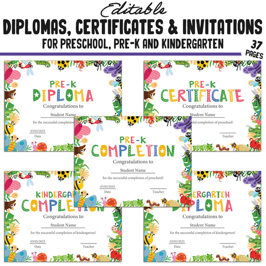 37 Editable Pre-K, Kindergarten, and Preschool Certificates, Diplomas, and Invitation Templates, Cute Insects-Themed, PDF Instant Download.