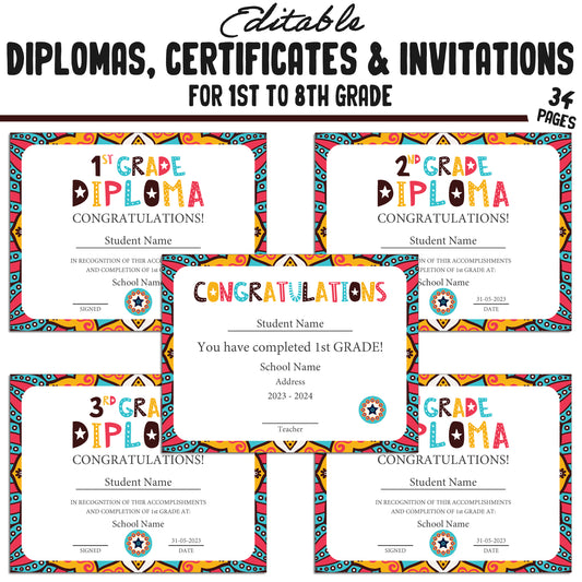 Printable 8th Grade Diplomas, Editable 1st-8th Grade Certificates, Invitation Templates in Tribal Mandala Design, 34 Pages, Instant Download
