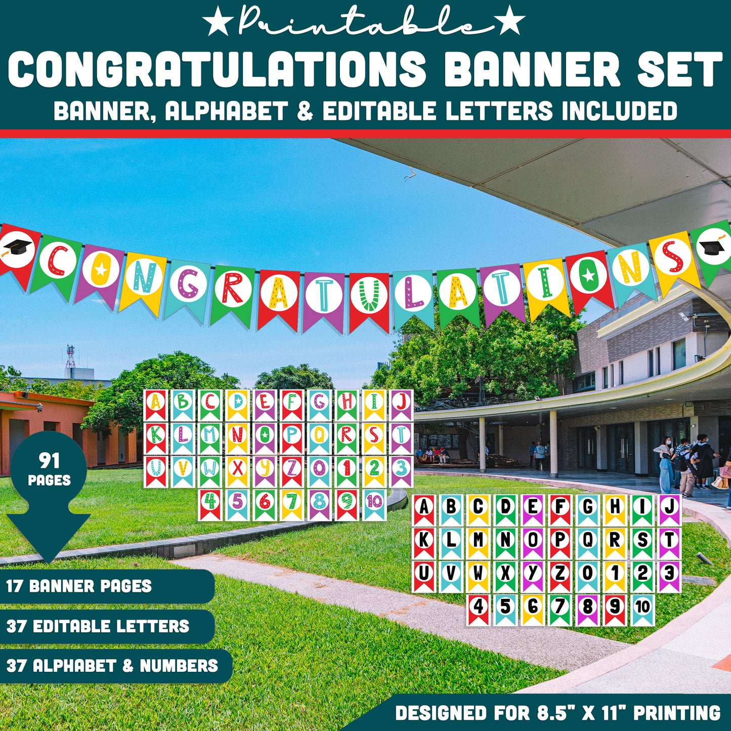Graduation Banner Printable, Congratulations Banner with Editable Alphabet and Numbers, Classroom Decor, Easy 8.5x11 Printable Set