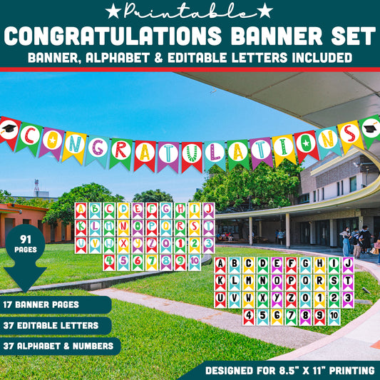 Graduation Banner Printable, Congratulations Banner with Editable Alphabet and Numbers, Classroom Decor, Easy 8.5x11 Printable Set
